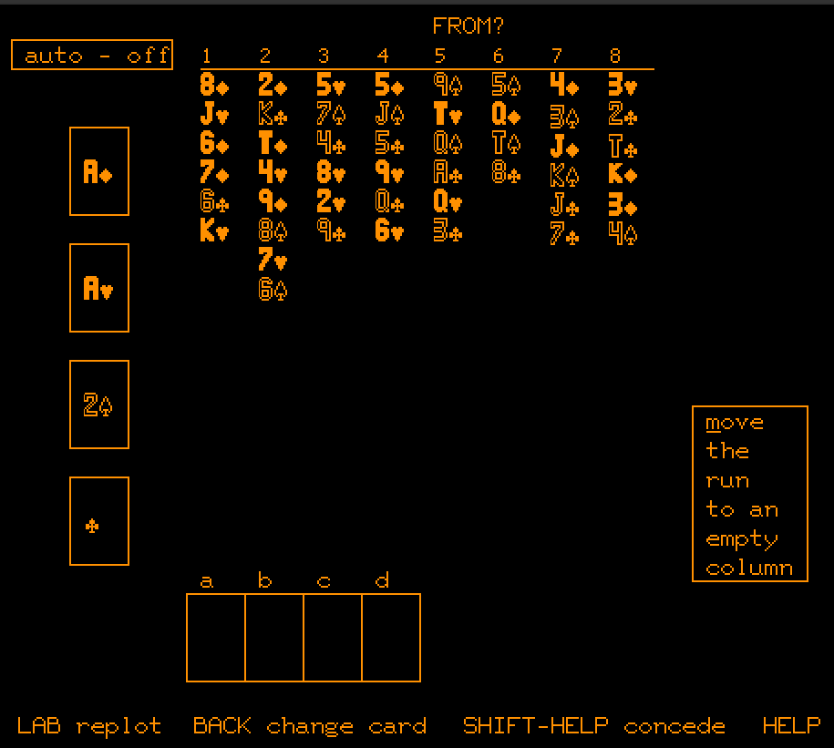 Early computer interface of the original FreeCell game on the PLATO system from 1978, displayed with simple text graphics on a black screen.
