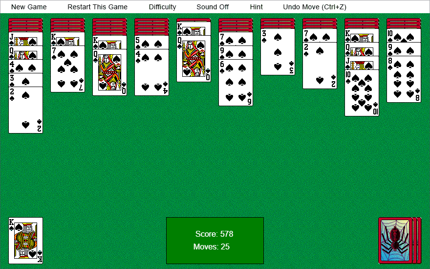 Screenshot of Spider Solitaire running on Windows XP, showing ten tableau columns of cards on a classic green baize background with the Windows XP toolbar across the top