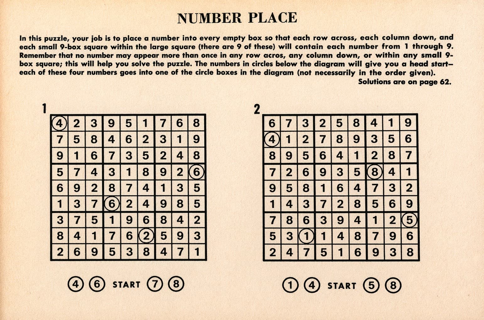 Scan of the first Number Place puzzles from Dell Pencil Puzzles and Word Games, showing two completed 9x9 grids and the original instructions